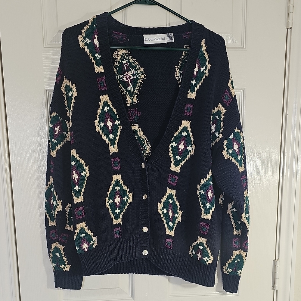 VTG 90's Robert Scott Ltd Cottagecore Geometric Cardigan Jewel Tones Medium